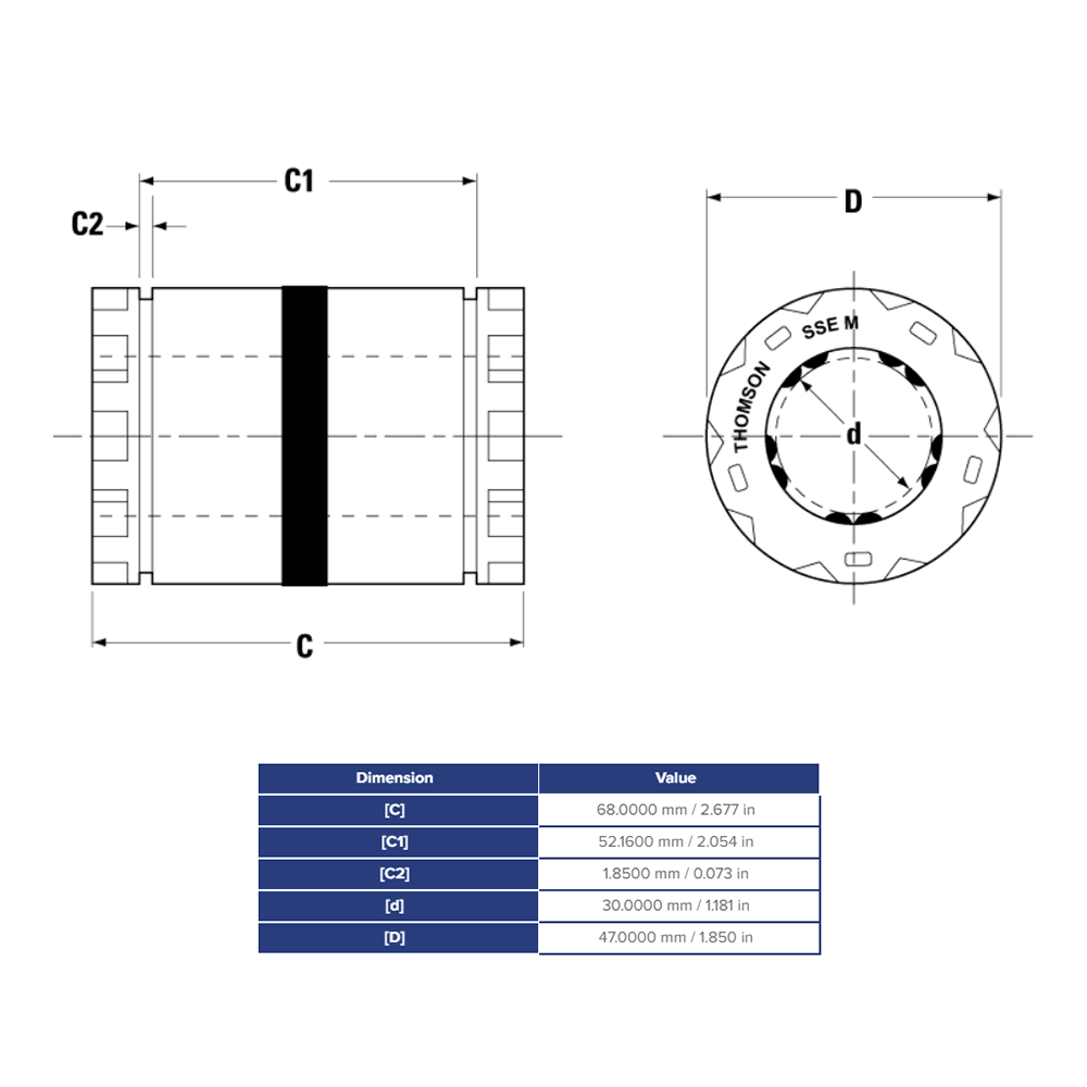 SSEM30 THOMSON BALL BUSHING<BR>SSE SERIES 30MM CLOSED LINEAR BEARING SELF ALIGNING ADJUSTABLE 1865.92 LBF